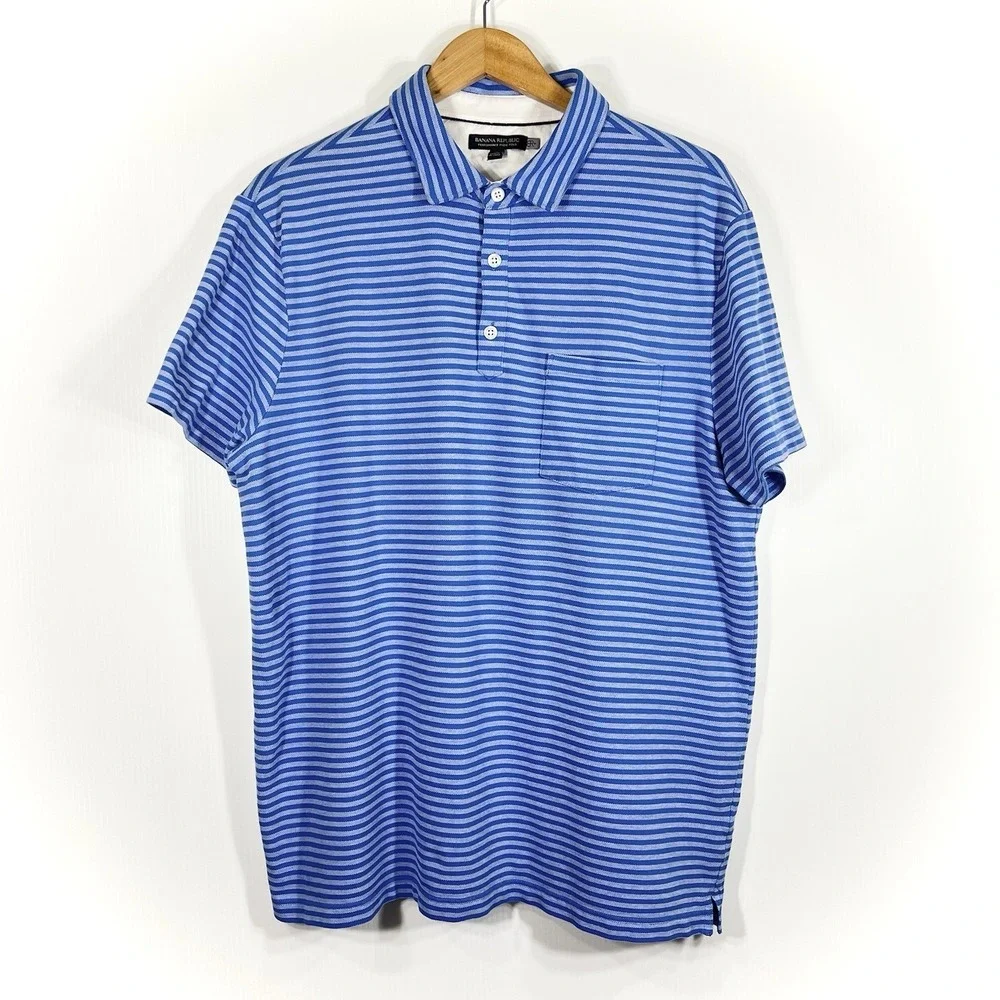 BANANA REPUBLIC Performance Pique Polo Mens‎ Size XL Blue Stripe Short Sleeve